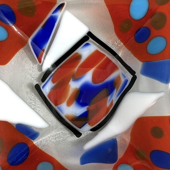 Handmade Fused Art Glass Dish – Red, Blue & White – 6” Modern Decorative Bowl - Picture 2 of 6